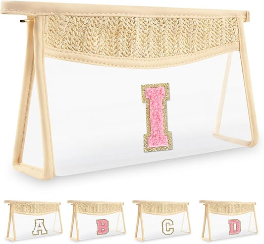 Small Boho Straw Initial Letter Makeup Bag Personalized Gift ,Cute Clear Chenille Patch Makeup Bag With Zipper,Trendy TSA Approved Travel Toiletry Bag,Gift for Women Girls Birthday Friend, Letter I