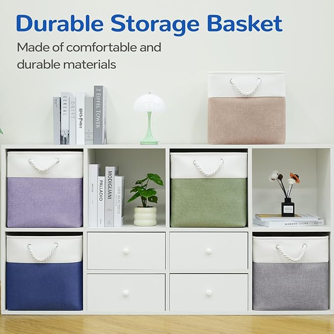 VQRTEXA 13 x 13 Inch Cube Storage Bins, 6 Pack Fabric Storage Basket with Handles, Foldable Boxes Organizer for Shelf Baskets for Home, Clothes (White/Blue)