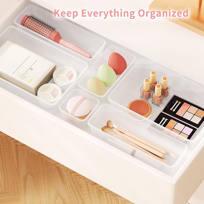 25 PCS Plastic Drawer Organizer Set, 4-Size Clear Bathroom and Vanity Desk Drawer Organizer Trays, Non-Slip Versatile Storage Bins for Makeup Jewelry Office Kitchen Gadgets