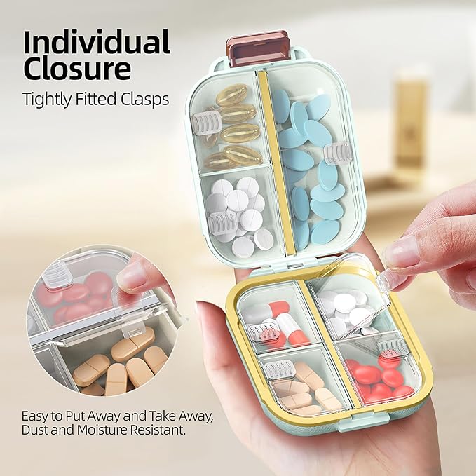 Portable Pill Organizer, Pill Box with 7 Compartments, Small Pill Case for Travel, Daily Medicine Pill Organizer with Air-Tight Lid, BPA-Free Material Small Pill Container (Green)