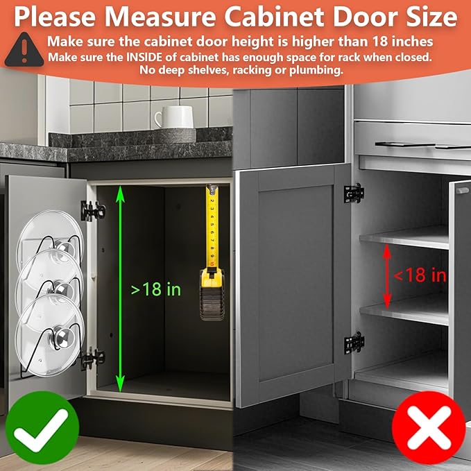 2 Pack Pot Lid Organizer Rack, 6 Tier Hanging Pot Lids Holder Inside Cabinet Door, No Drilling Adhesive Wall Mounted Pan Lid Organizer, Kitchen Cooking Lid Storage Rack for Cupboard (Black)