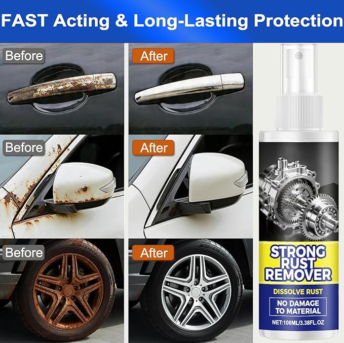 Upgrade Rust Remover Set for Metal, with Cleaning Cloth and Sponge, Heavy Duty Metal Cleaner for Vehicles, Tools, Chains, Multipurpose Iron Out Rust Stain Remover, 100 ml