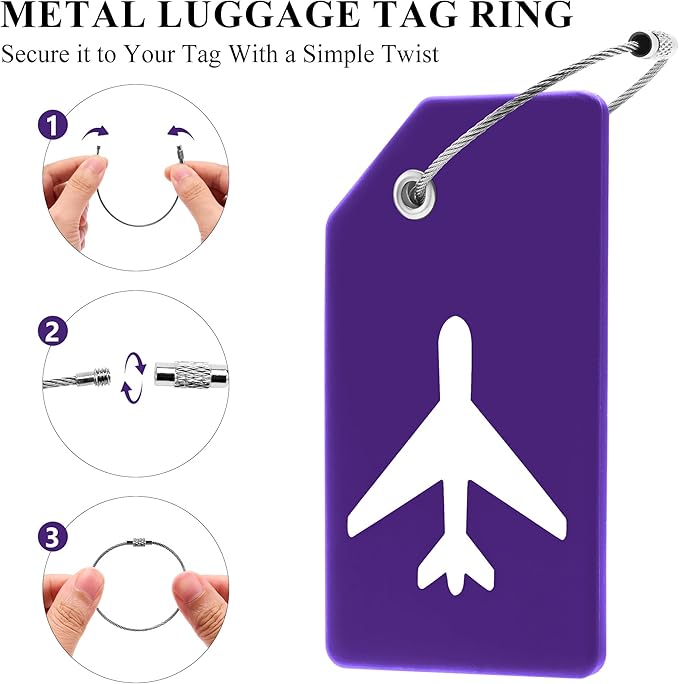 8 Pack Silicone Luggage Tag for Suitcases with Stainless Loop, TSA Approved, Privacy Protection Travel Essentials Bag Tags by Gostwo, Purple