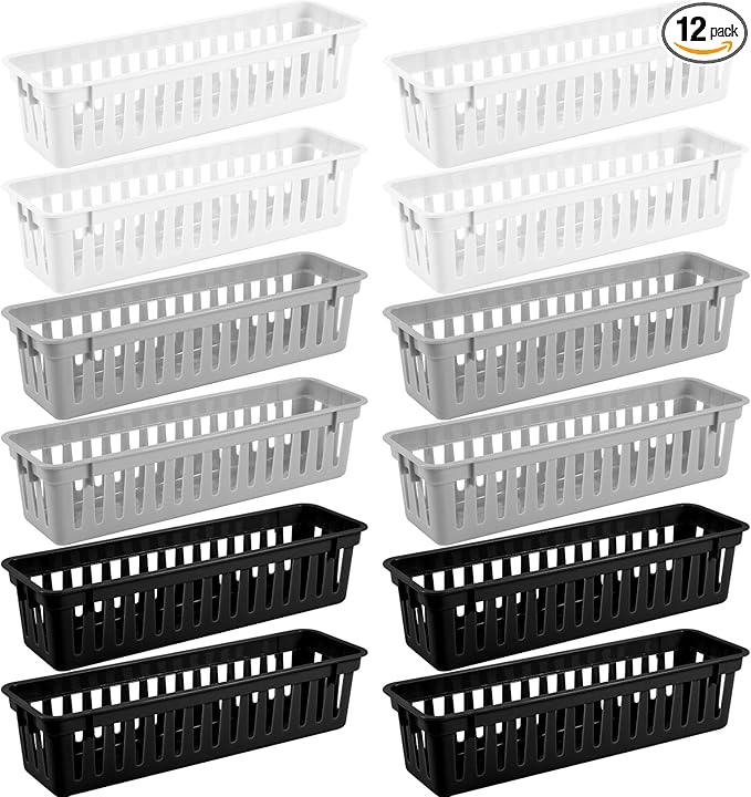 12 Pcs Black,White,Gray Slim Plastic Storage Baskets Tray 10 x 3 x 2.5 Inch Compact Stackable Desk Organizer for Office, Classroom, School Supplies, and Home Storage, Organization(Black,White,Gray)