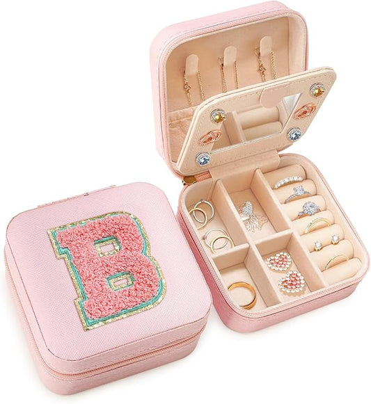 SANDJEST Personalized Jewelry Box, Pink Travel Jewelry Box with Initial B, Small Monogrammed Jewelry Case Organizer for Girls Women Teen Kids, Mini Travel Essentials Gifts for Birthday Christmas