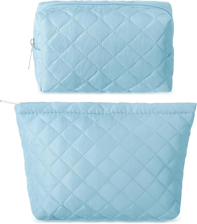 2 Pcs Pencil Case Quilted Makeup Bag Aesthetic Cosmetic Pouch for Women Puffer Travel Toiletry Bag Set Cotton Small Purse Pouch Makeup Organizer with Zipper(Blue)