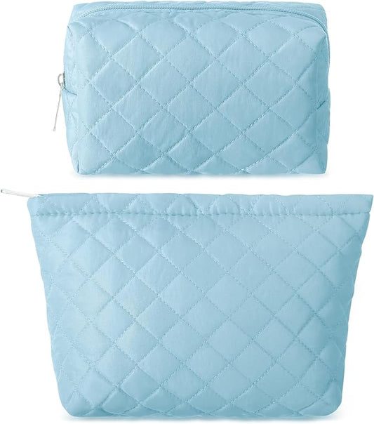 2 Pcs Pencil Case Quilted Makeup Bag Aesthetic Cosmetic Pouch for Women Puffer Travel Toiletry Bag Set Cotton Small Purse Pouch Makeup Organizer with Zipper(Blue)