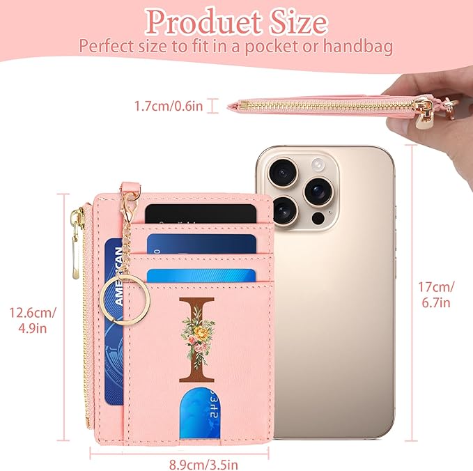 Slim Wallet for Women Slim Leather Card Case Holder Wallet Coin Change Purse with Keychain,Personalized Birthday Gifts for Women Her Freind Sister Girlfriend,Initial Letter I(Pink)
