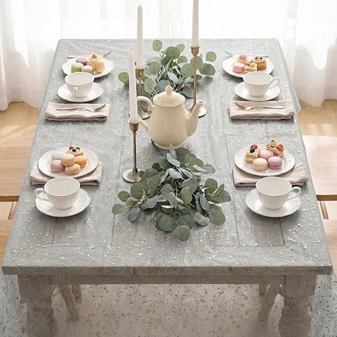 Horaldaily Grey Silver Tablecloth 60x120 Inch Rectangular, Silver Glitter Metallic Foil, Sheer Tulle Cheesecloth for Wedding Baby Shower Ceremony Birthday