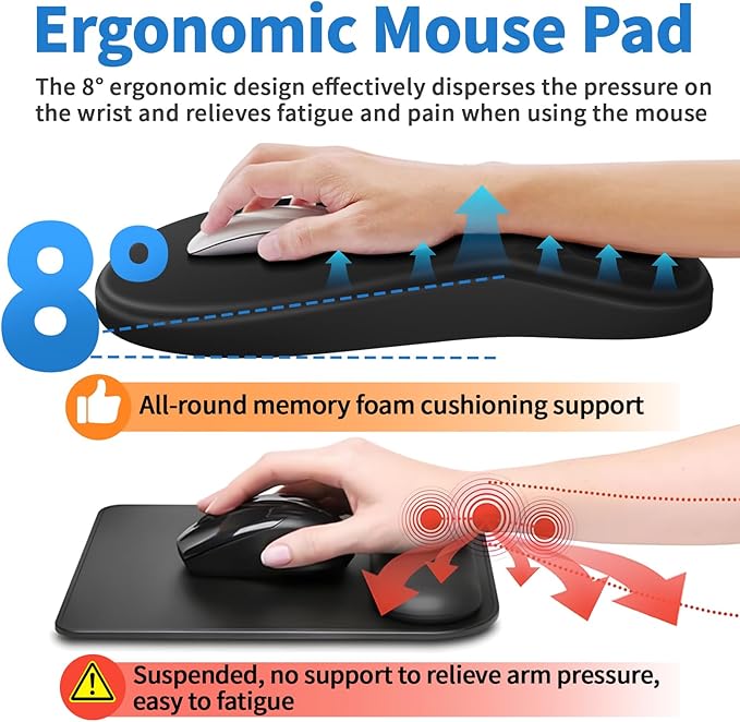 YIWEI Ergonomic Mouse Pad with Wrist Rest - Comfortable Office Mousepad with Memory Foam Wrist Support for Carpal Tunnel Relief, Mouse Pads with Non-Slip Base for Gaming and Home (Black)