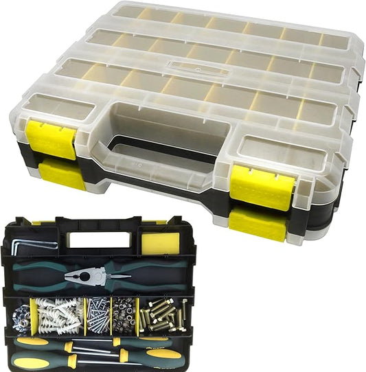 Double Side Tool Box Organizer, Hardware Storage Box, Portable Small Parts Organizer with Removable Plastic Dividers for Screws, Nuts, Nails, Bolts, Yellow
