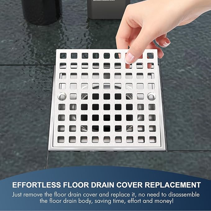 3-7/8" Brushed Nickel Shower Drain Cover - Square Floor Drain Cover Replacement - Hair Catcher/Drain Strainer for Bathrooms, Showers, and Sinks - SUS304 Stainless Steel & CUPC Certified