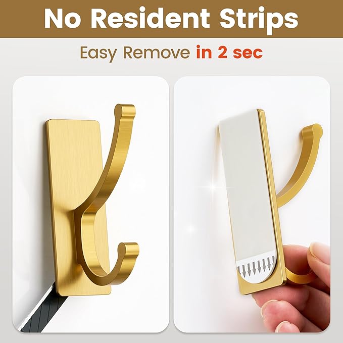 pickpiff Adhesive Wall Hooks with Strip - No Residue, Easy to Remove, Strong Heavy Duty Sticky Towel Hook, 8 Pack Brushed Gold