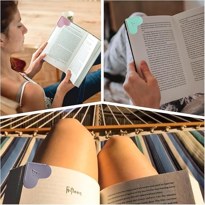 2PCS Personalized Leather Heart Bookmark, 26 Letters Customized Corner Book Mark for Reading Women, Book Marker with Initials，Cute Gifts (Green+Light Brown, E)