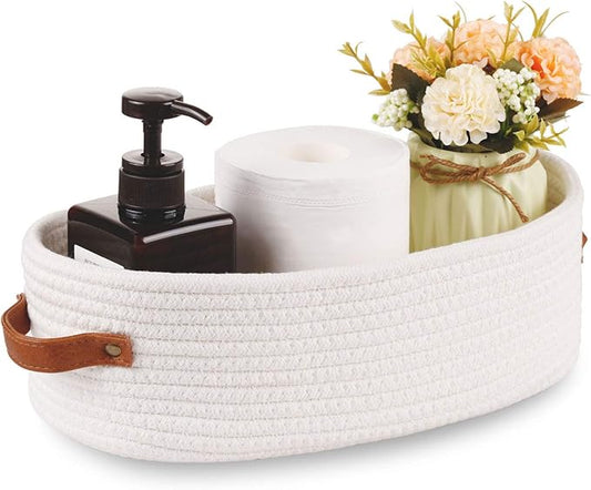 Woven Storage Basket for Toilet Tank Top,Farmhouse Home Decor Organizing Baskets for Bathroom,Table and Counter 13"x5.9"x4" White