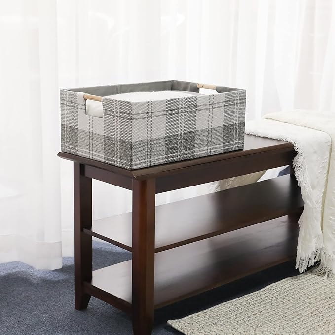 Fabric Storage Bin Box Collapsible Cotton Linen Storage Cube with Wooden Handles Rectangular Decorative Home Organizer Clothes Blanket Basket– Light Gray Plaid, Medium