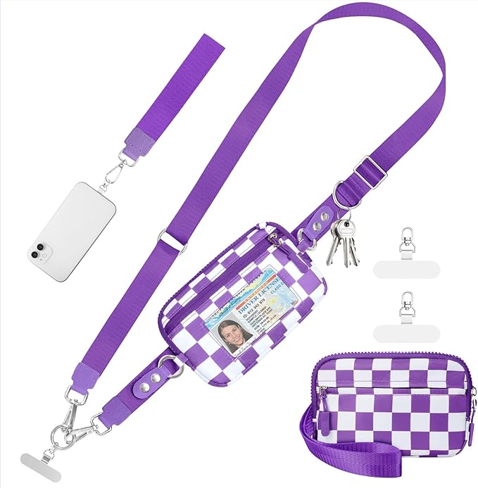 Clip and Go Strap for Phone with Wallet Crossbody Phone Lanyard and Detachable Checkered Bag with ID Window and RFID Pouch for Daily Travel.