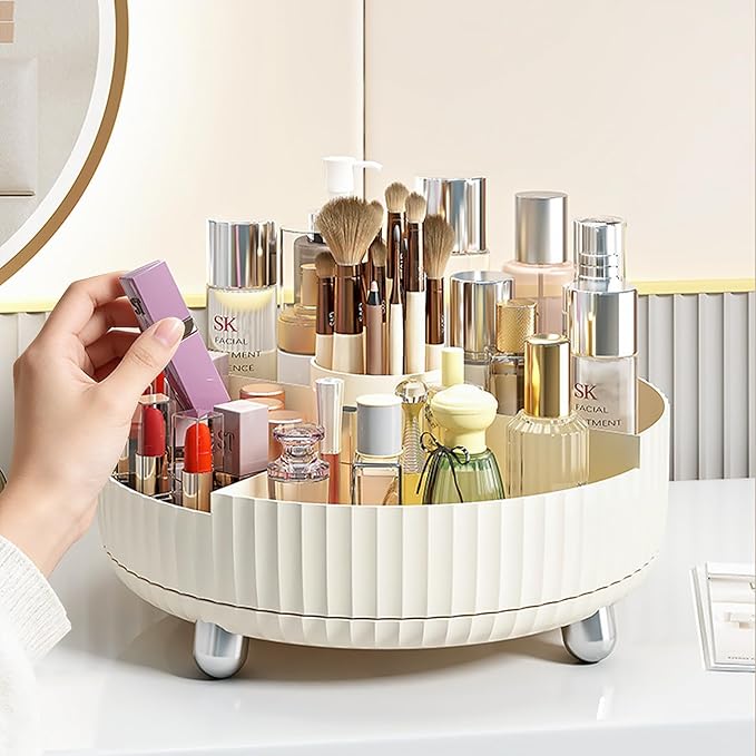 Anyoifax Makeup Perfume Organizer Tray with Divider, 360-Degree Rotating Lazy Susan Skincare Lotion Organizer, Spinning Cosmetics Storage for Dresser, Vanity, Bathroom Countertop, Large Beige