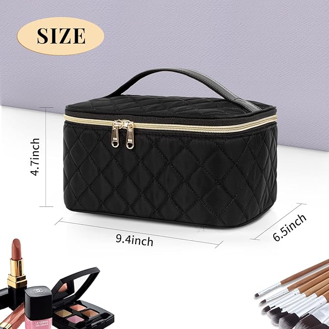 OCHEAL Portable Cosmetic Bag For Women, Large Capacity Travel Makeup Case Organizer, Rhombus Black, Toiletry Bag for Girls Traveling With Handle and Divider