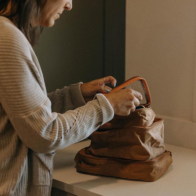 Parker Baby Co. Lightweight Packing Cube Set 3-Pack | Collapsible, Durable, Mesh & Clear Top | Travel Organizer for Diaper Bags, Luggage - Camel/Desert Star