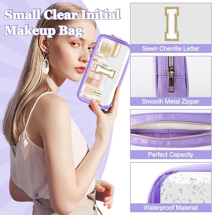 Small Clear Personalized Initial Makeup Bag,Nylon Preppy A-Z Chenille Letter Patch Cosmetic Pouch Beach Toiletry Bag,Waterproof Zip Travel Purse Storage Bag Organizer for Women Girls(Purple-White I)