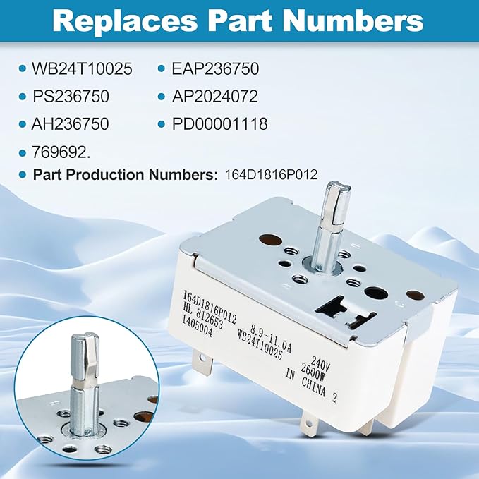 WB24T10025 Surface Burner Control Switch Replace for GE Electric Ranges 8 Inch OEM Range Switch, Fits GE, for Kenmore, for Hotpoint Range Infinite Control Switch Replace for:154510 AP2024072 PS236750