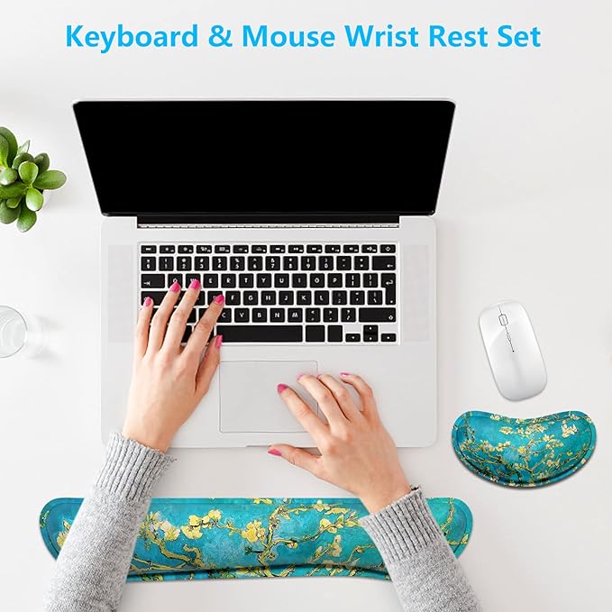Dapesuom Enlarge Keyboard Wrist Rest, Memory Foam Wrist Cushion for Desk Mats Support, Cute Pain Relief Keyboard Mouse Pad Rests Set with Non-Slip Base for Gaming Laptop Office Computer, Blue Flower