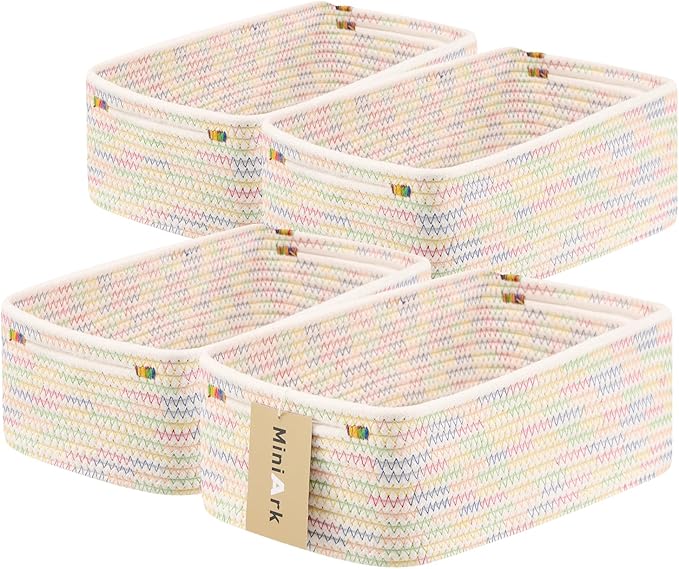 MiniArk Small Storage Baskets for Organizing | Closet Organizer Bins | Shelf Toy Basket | Woven Rope Baskets | Cube Decorative Box | Shallow Basket | 13x8.5x5.1” | 4 Packs Rainbow