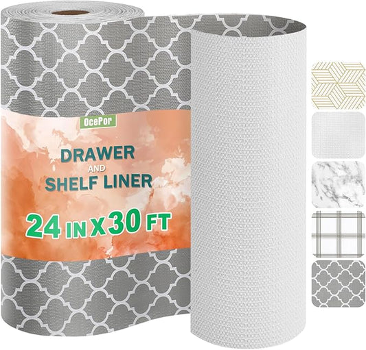 OcePor Non-Adhesive Drawer and Shelf Liner 24IN x 30FT，Non Slip Cabinet and Cupboard Liner, Kitchen Cabinet Liners for Shelves, Waterproof Drawer Shelf Liners for Cabinets/Bathroom Cupboard