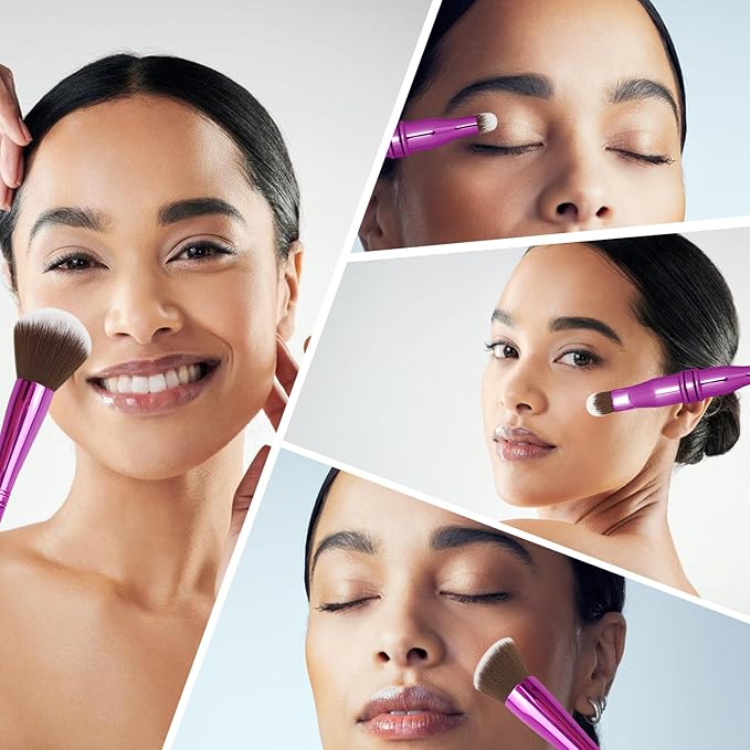 4 in 1 Makeup Brush Set, Travel Makeup Brushes with Case, Mini Makeup Brushes, Powder, Foundation, Concealer, Eyeshadow, Dual Ended, Synthetic Bristles, Purple