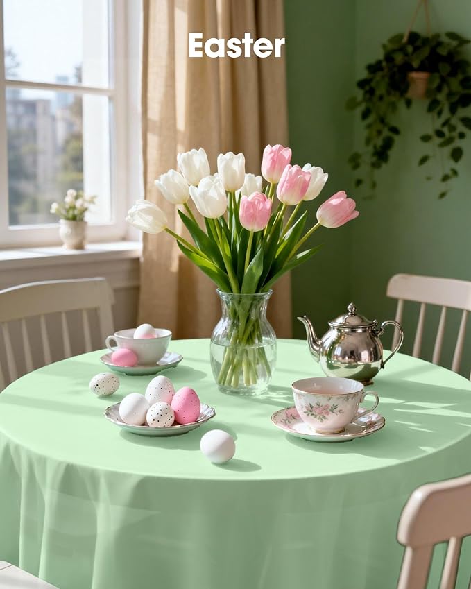 Pureegg Plastic Table Cloth Disposable 10 Pack, 84'' Round Table Cloths, Easter Party, Decorative Tablecloths, Round, Light, Pastel Plastic Cover, Leakproof & Sturdy, Sage Green