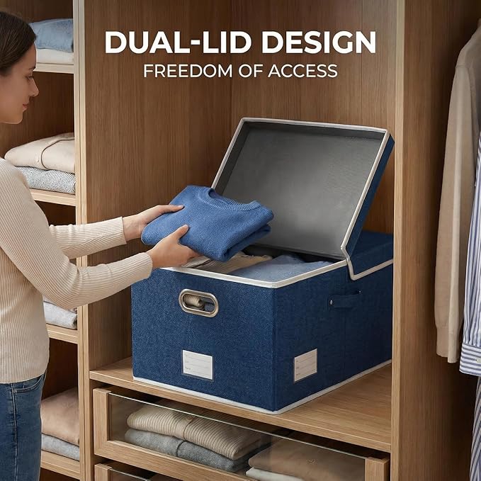 PRANDOM Storage Bins with Lids [3-Pack] Linen Fabric Foldable Storage Boxes Organizer Containers Baskets Cube with Cover for Bedroom Closet Office Royal Blue (23.4X15.9X11.4)