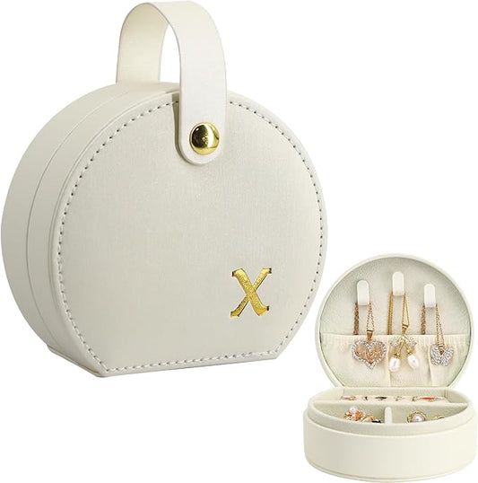 COLLECTIVE HOME - Travel Jewelry Case, Elegant Half-Moon Design with Gold Monogram, Detachable Handle, Personalized Accessory Organizer, Gift for Fashion-Forward Women and Teens (x)