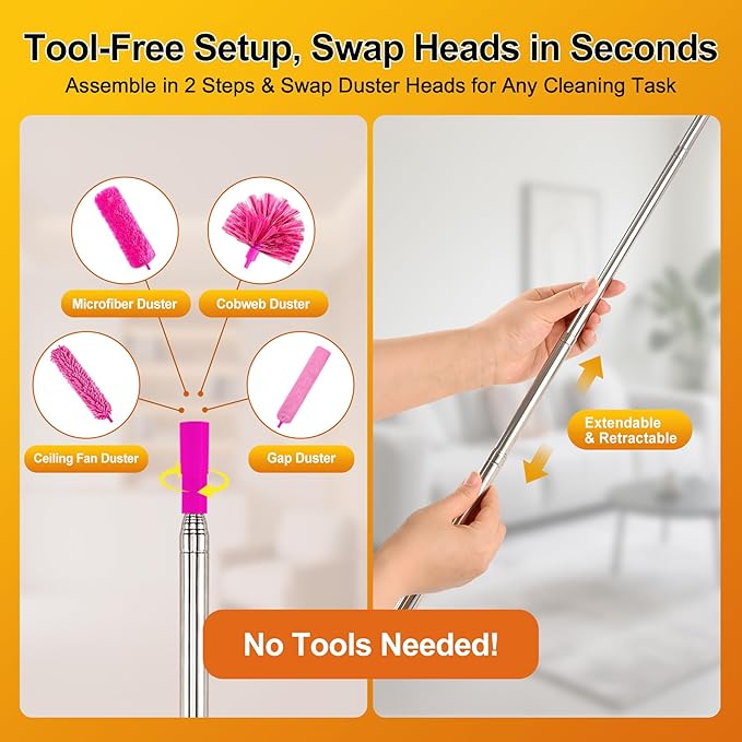 Tiumso 5-in-1 Duster with Extension Pole 100 inch Extendable Dusters for Cleaning Anti-Spin Reusable Dusting Kits for High Ceiling Fans, Cobwebs & Vents, Reinforced Stainless Steel Telescopic Handle