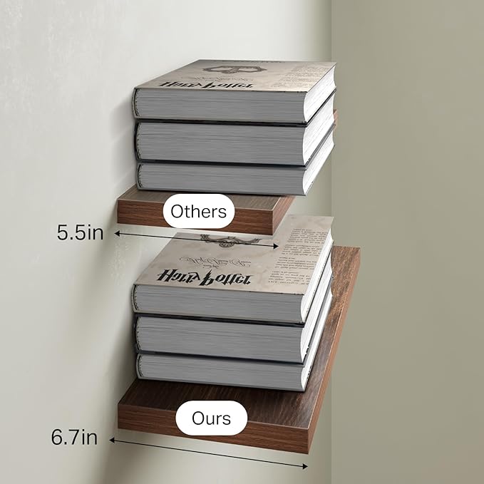 BAYKA Floating Shelves for Wall, Wall Mounted Rustic Wood Shelves for Bathroom, Bedroom, Living Room, Kitchen, Small Hanging Shelf for Books/Storage/Room Decor (Walnut-Like, Set of 3, 15.7in)