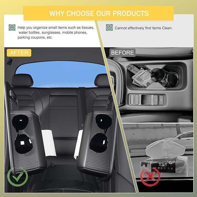 Tumecos Car Storage Organizer for Front and Back Seat,Rectangle Car Tissue Box Holder,Side Mount Hanging Bags with 3 Mesh Pockets,Waterproof Consoles Organizers,Napkin Cover