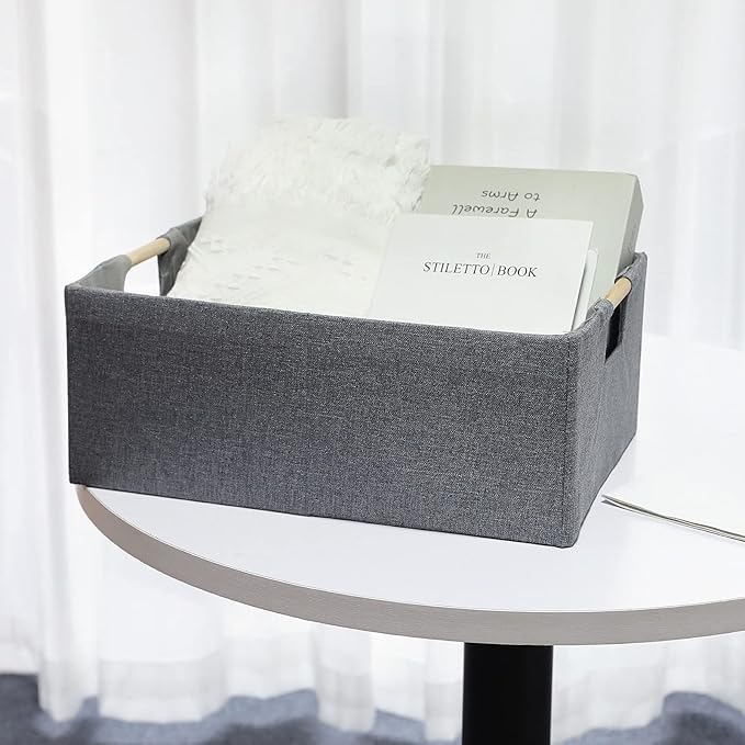 Fabric Storage Bin Box Foldable Cotton Linen Storage Basket with Wooden Handles Rectangular Cube Decorative Home Laundry Organizer Clothes Blanket Container - Grey, Small