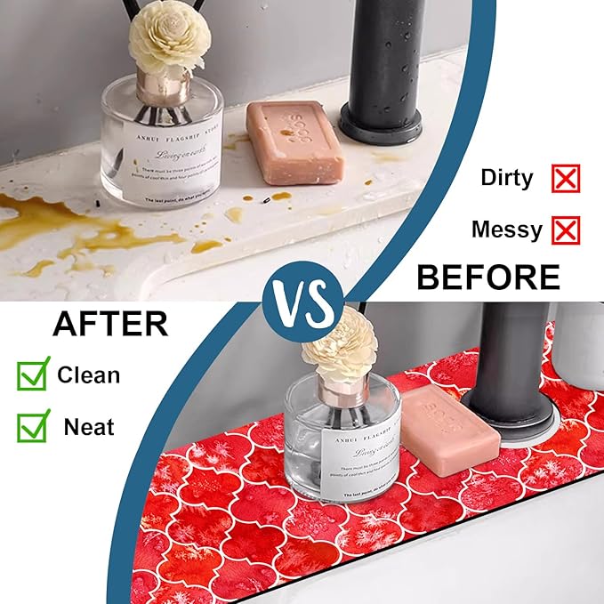 Watercolor Moroccan Marbled Sink Splash Guard Red Tiles Faucet Absorbing Mat Fast Drying Mat Sink Gadgets Splash Guard Behind Faucet Drip Catcher for Kitchen Bathroom, 23.5"x5.5"