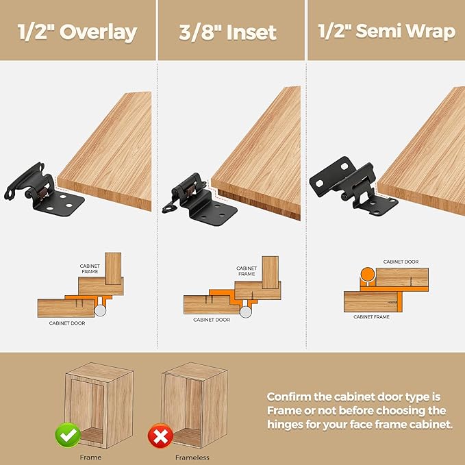 20 Pack 10 Pair Black Cabinet Hinges - 3/8 inch Inset Kitchen Cabinet Hinges, Semi-Concealed Hinges, Self Closing Cabinet Door Hinges with Door Bumper Flush Face Mount Cupboard Hardware