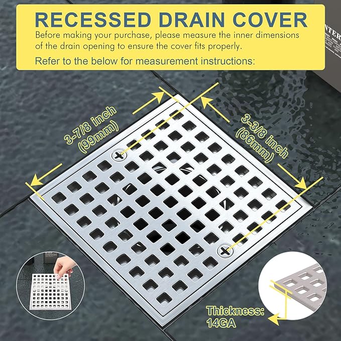 3-7/8" Brushed Nickel Shower Drain Cover - Square Floor Drain Cover Replacement - Hair Catcher/Drain Strainer for Bathrooms, Showers, and Sinks - SUS304 Stainless Steel & CUPC Certified