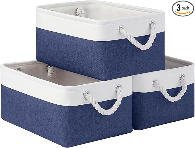 VQRTEXA Storage Baskets for Shelves 13.8x9.8x6.7 Inch, Foldable Fabric Storage Bins with Handles, Small Storage Baskets for Organizing Closet, Bathroom, Office, Home Organization (3-Pack, White&Blue)