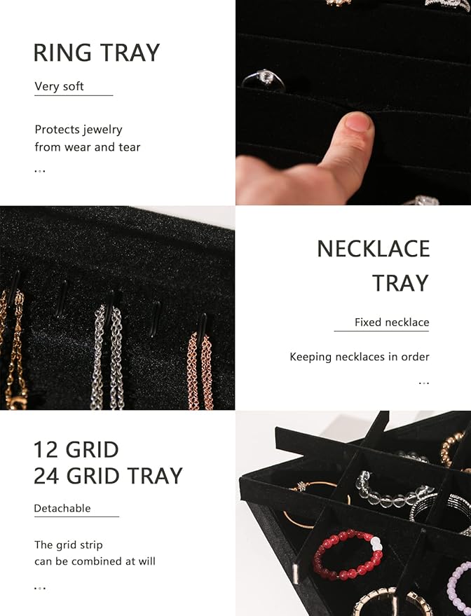 Coward Set of 5 Stackable Jewelry Organizer Tray Necklace Earring Box Storage Ring Bracelet Display Holder (Black (ring+necklace+earring+12-grid))