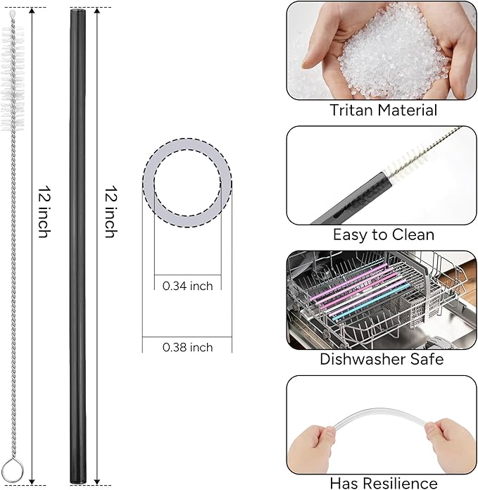 Replacement Straws Compatible with 40 oz Stanley Quencher Tumbler, 12 Inch Extra Long Reusable Plastic Straws for 40 oz Cup, Black - 6 Pack