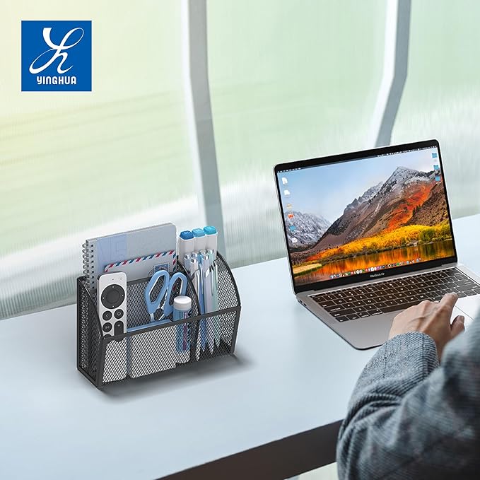 YINGHUA Magnetic Pen Holder for Whiteboard and Refrigerator 3 Compartments Metal Mesh Organizer Space Saving Shelf for Office School Home and Locker - Black