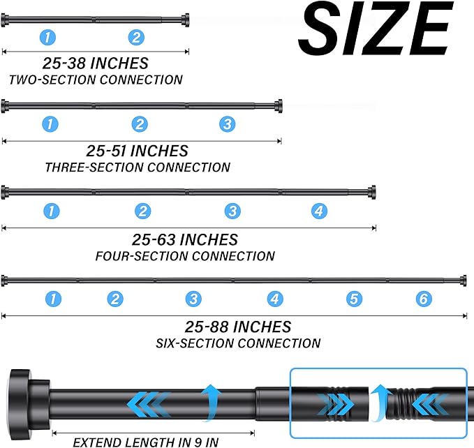 Suranew 25-51" Black Heavy Duty Spring Tension Rod, No Drill Rust-Proof Adjustable Shower Curtain Rod for Bathroom/Closet/Kitchen