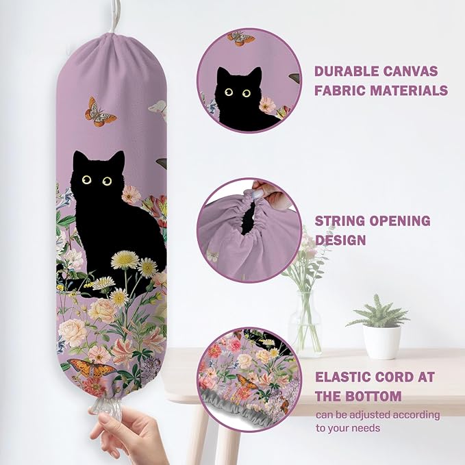 Plastic Bag Holder, Grocery Bag Organizer Storage, Kitchen Dispenser Holders Reusable Shopping with Free Adjustment Drawstring Closure for Home Kitchen Decor, Flower Cat