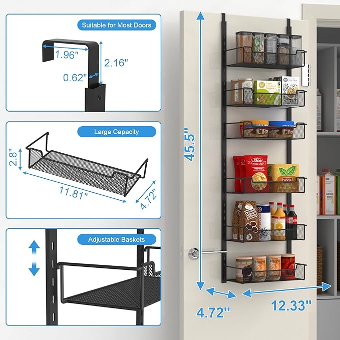 12.3" W Narrow Over the Door Pantry Organizer, 6-Tier Over the Door Organizer with Adjustable Basket, Pantry Door Organization for Pantry Kitchen Storage Room Spice Rack, Black