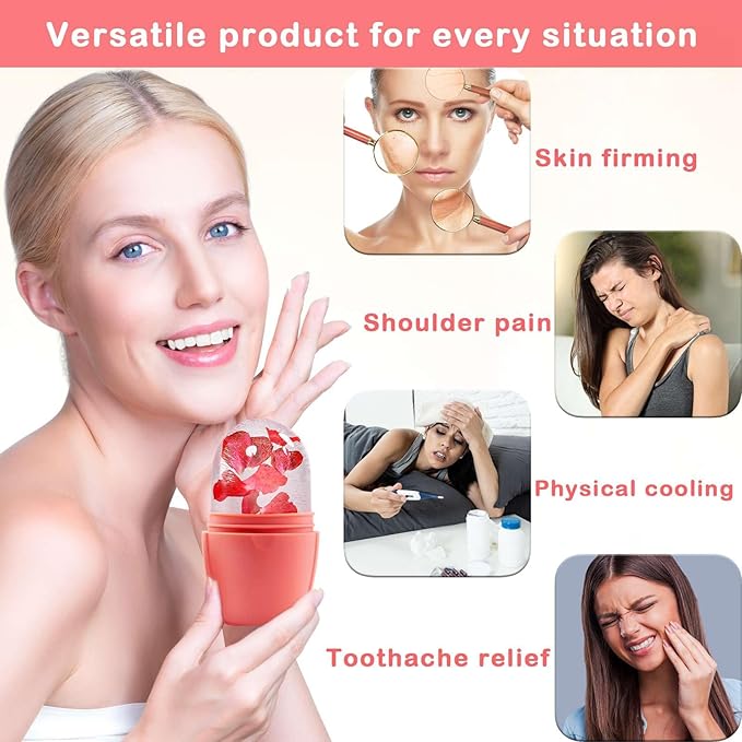 XHJRI Ice Face Roller Massager, Ice Cube Roller for Face, Eyes and Neck, Naturally Conditioning and Skin Care, De-Puff Eye Bags, Reduce Migraine Pain, Reusable Massage Silicone Ice Mold (New Pink)