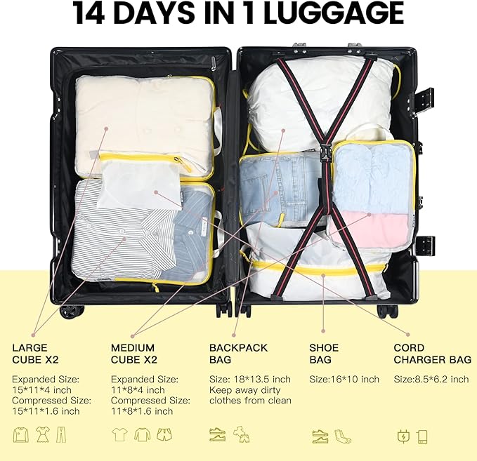 PFEYRPK Lightweight Compression Packing Cubes for Suitcases, Compressible Expandable Travel Packing Organizer with Clear Toiletries and Backpack Bag, Travel Essentials for Carry on Luggage 7 Set