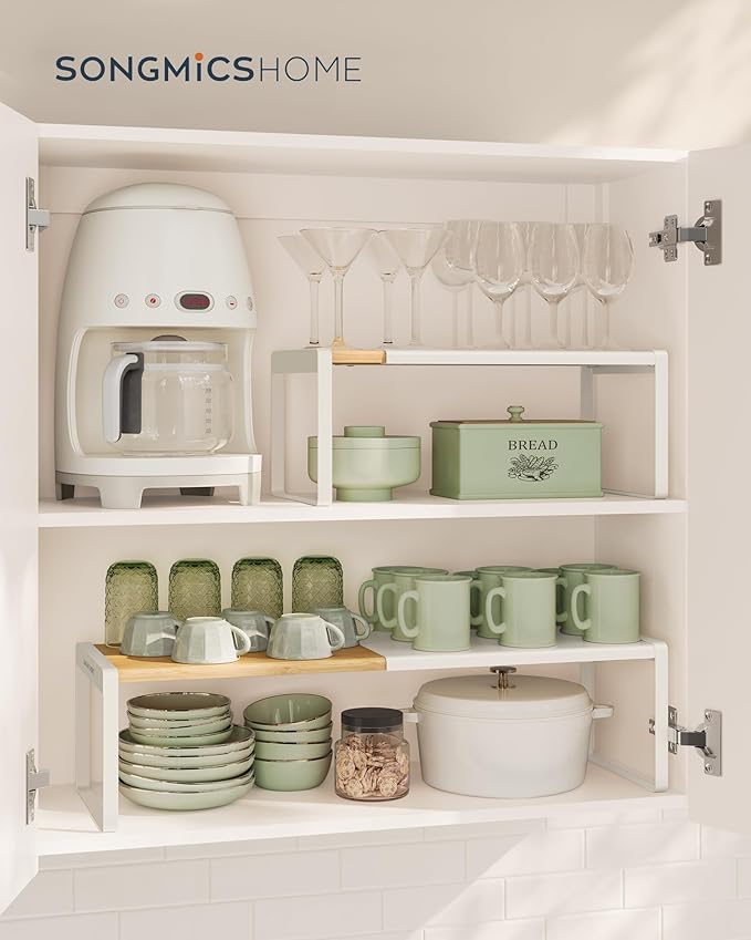 SONGMICS HOME Spice Racks, Expandable Cupboard Shelf Orgnizers, Kitchen Counter Shelves, Bamboo and Metal, Space-Saving Shelving, Stackable, Light Bamboo and Cream White UKCS051N01